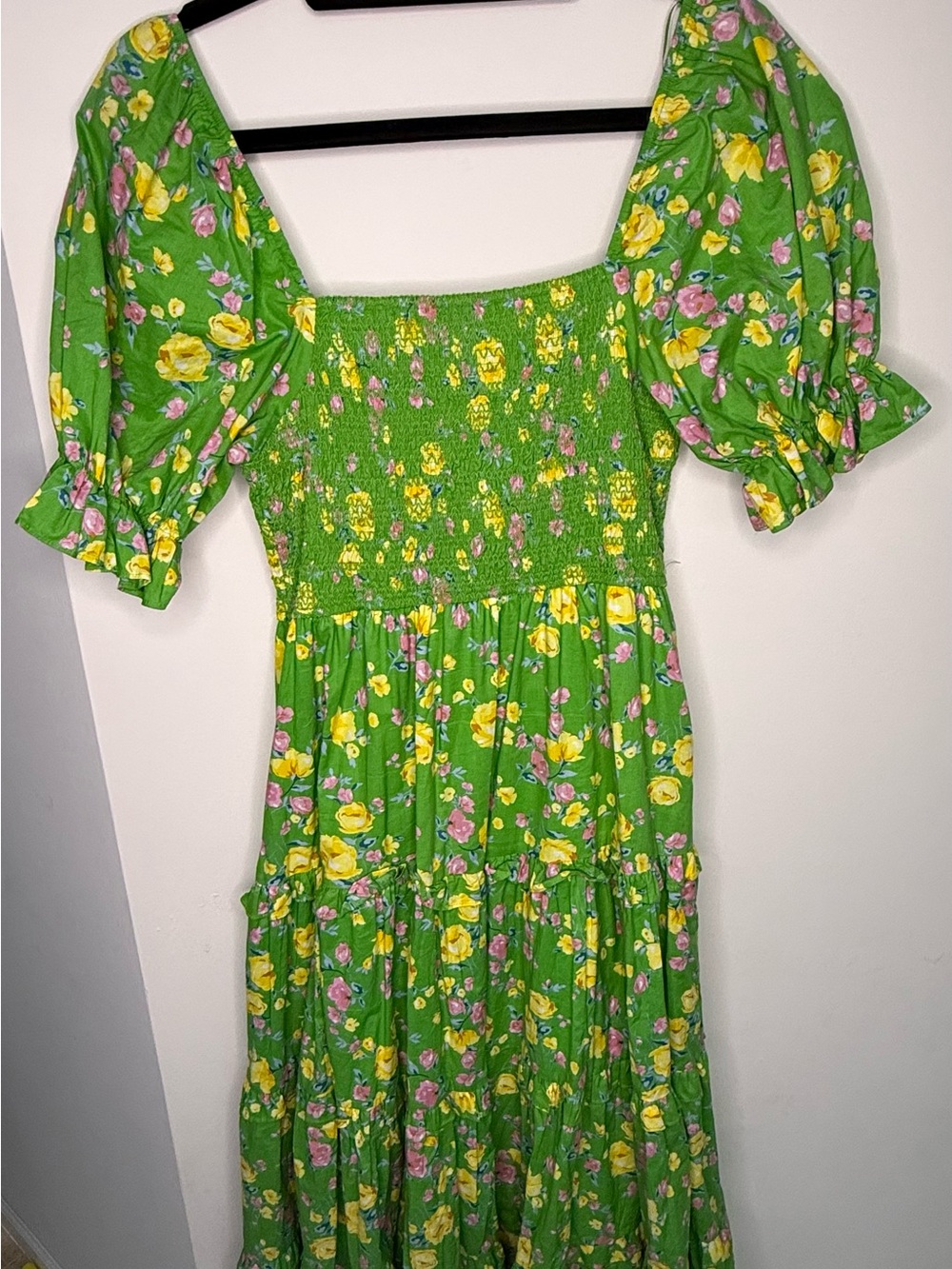 Moon River Green Floral Puff-Sleeve Smocked Midi Dress with Yellow & Pink Blooms